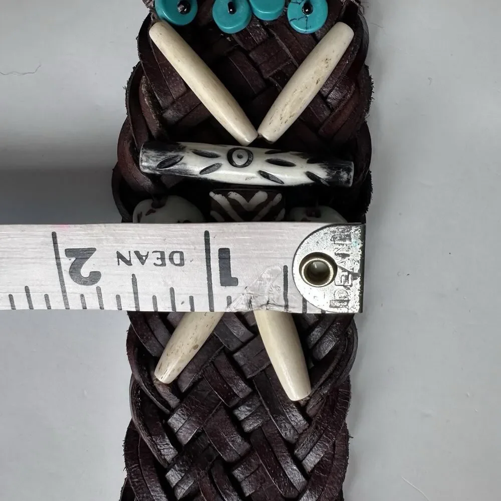 Vintage Braided Leather Belt Womens M/L Brown Shells Turquoise Indie Boho Hippie